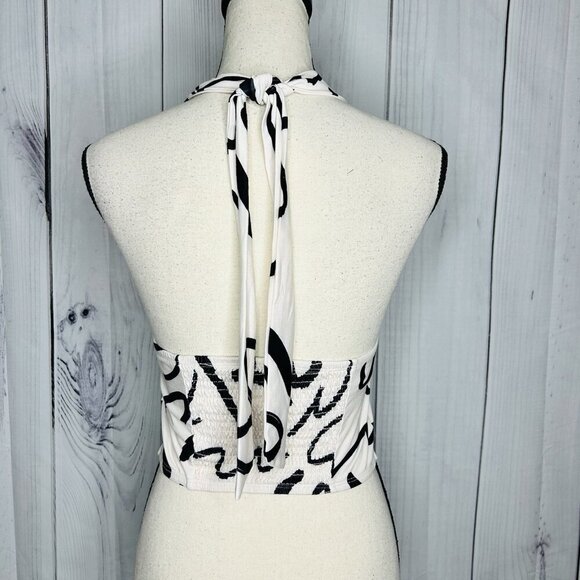 SHEIN Women's Black Ivory Satin Tie-Neck Halter Crop Top Smocked Back Sz S - Picture 6 of 8